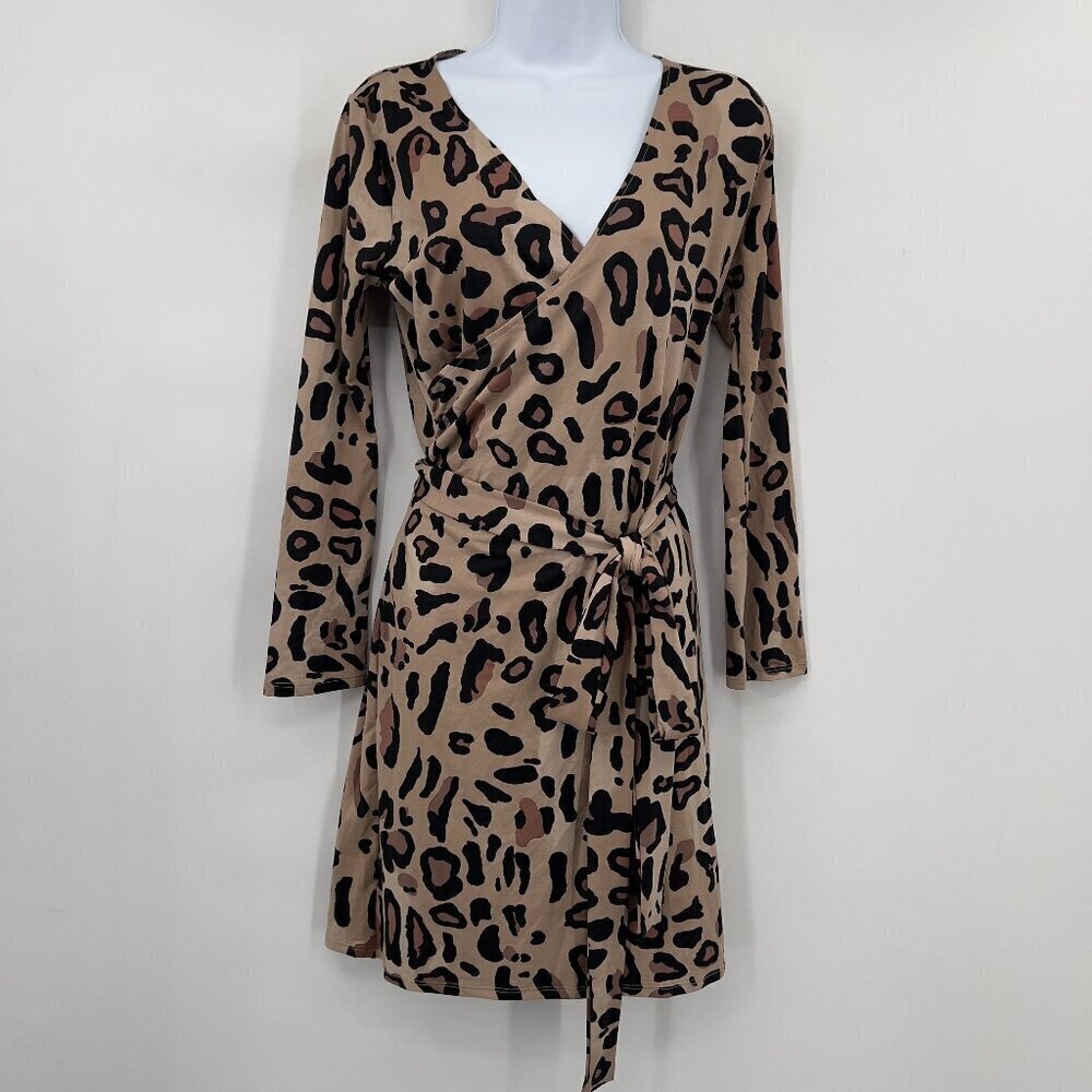 Mia de Andrea Leopard Print Long Sleeve Cocktail Wrap Dress – Women's L – NWT
